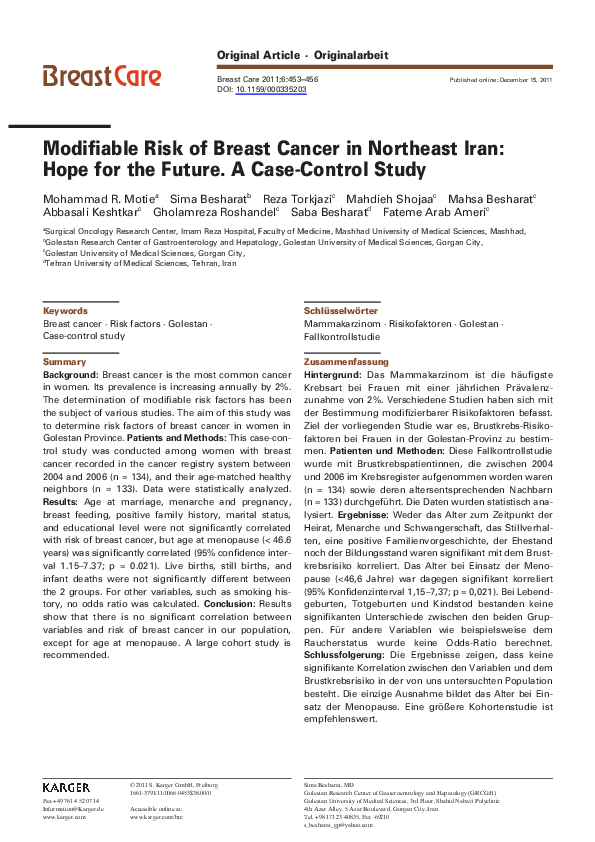 (PDF) Modifiable Risk of Breast Cancer in Northeast Iran: Hope for the ...