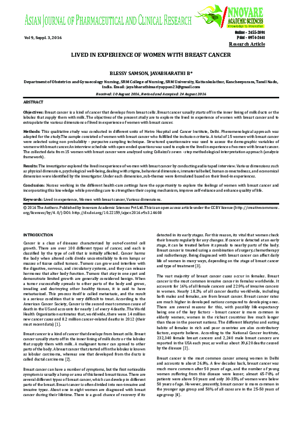 (PDF) Lived in Experience of Women with Breast Cancer