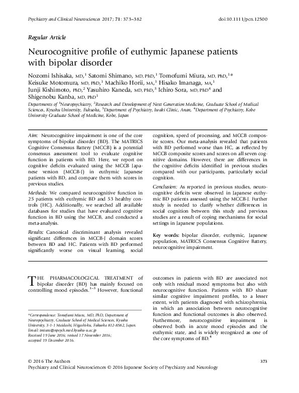 (PDF) Neurocognitive profile of euthymic Japanese patients with bipolar ...