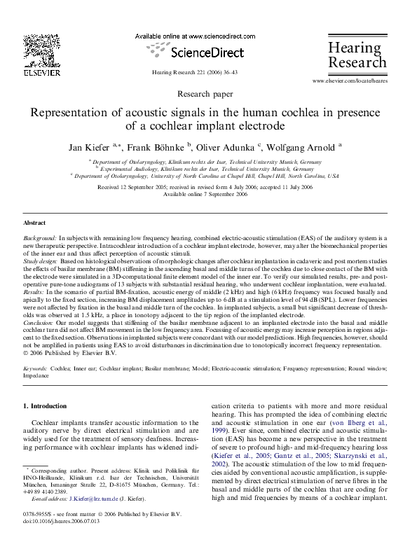(PDF) Representation of acoustic signals in the human cochlea in ...