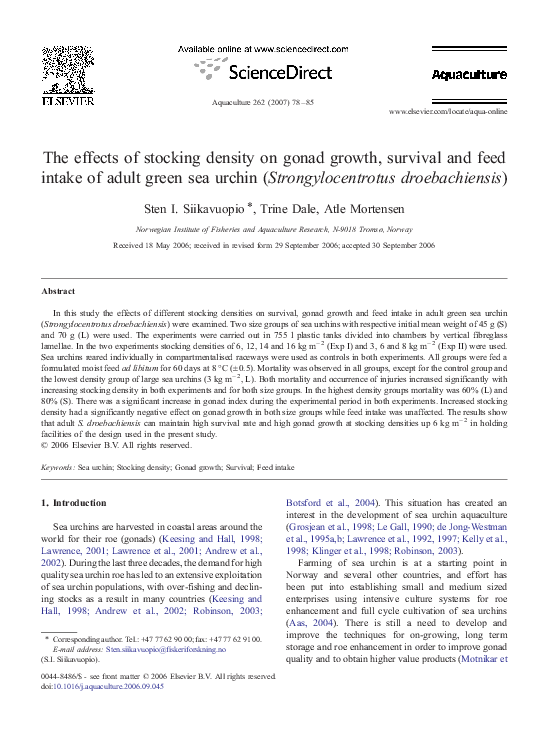 (PDF) The effects of stocking density on gonad growth, survival and ...