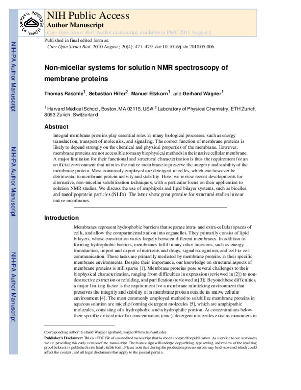 (PDF) Nonmicellar systems for solution NMR spectroscopy of membrane ...