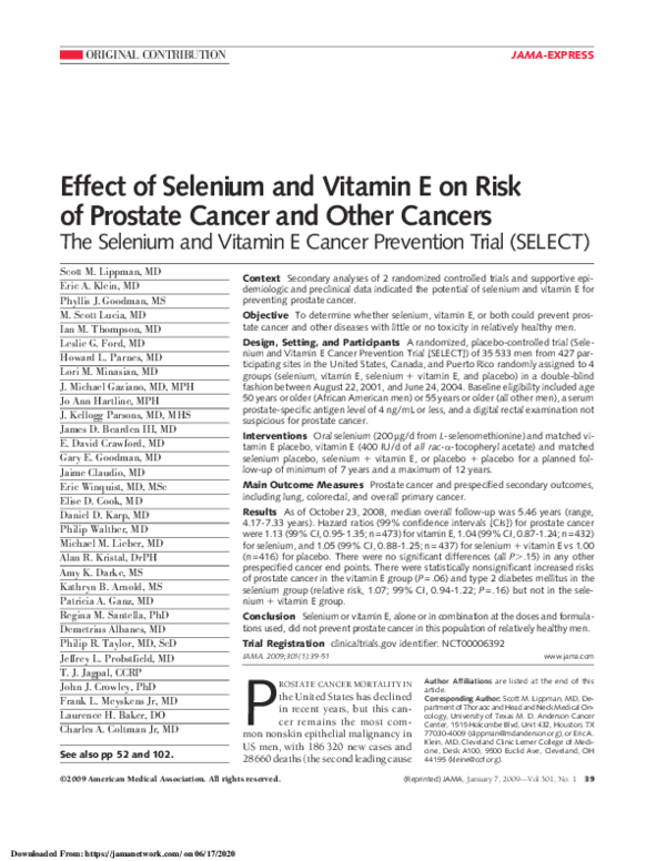 (PDF) Effect of Selenium and Vitamin E on Risk of Prostate Cancer and
