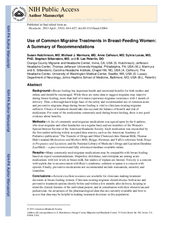 (PDF) Use of Common Migraine Treatments in BreastFeeding Women A