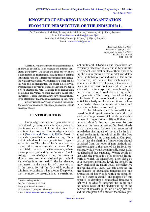 (PDF) Knowledge Sharing in an Organization from the Perspective of the ...