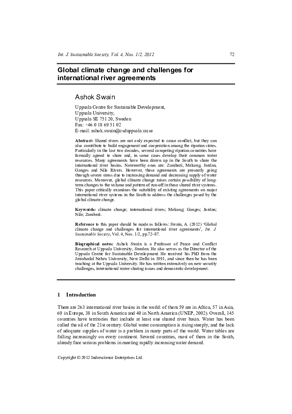 (PDF) Ashok Swain, “Global climate change and challenges for