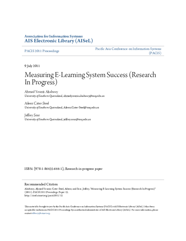 (PDF) Measuring e-learning system success (Research in progress)