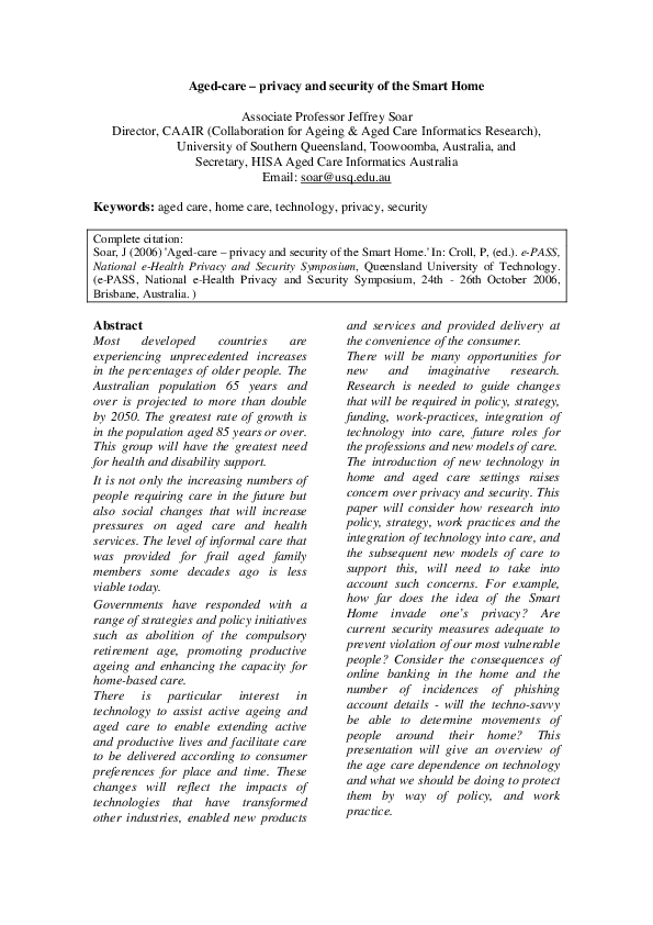 (PDF) Aged-care - privacy and security of the Smart Home