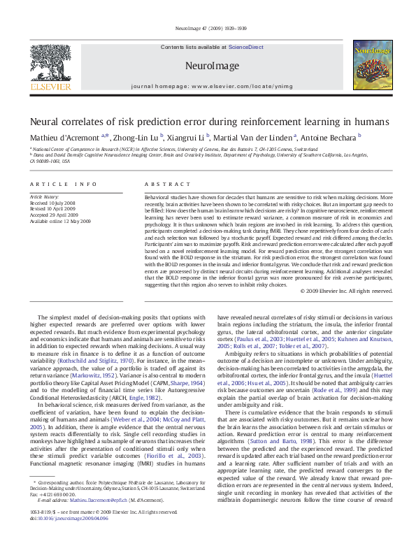 (PDF) Neural correlates of risk prediction error during reinforcement ...