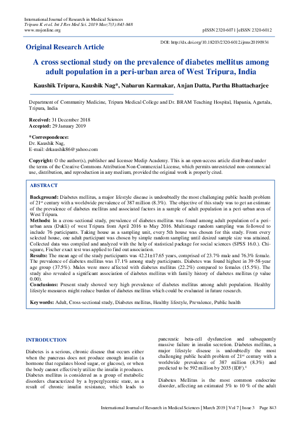 (PDF) A cross sectional study on the prevalence of diabetes mellitus ...