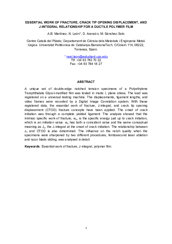 (PDF) Essential work of fracture, crack tip opening displacement, and J ...
