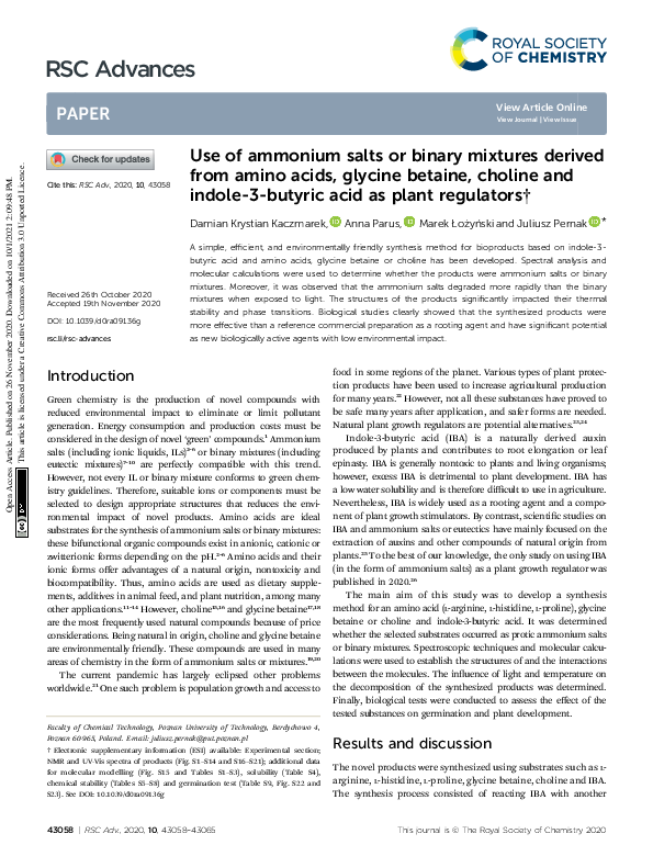 (PDF) Use of ammonium salts or binary mixtures derived from amino acids ...