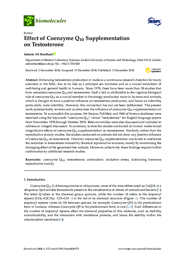 (PDF) Effect of Coenzyme Q10 Supplementation on Testosterone