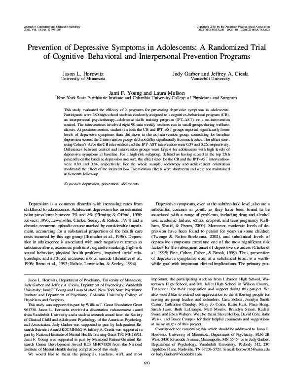 (PDF) Prevention of depressive symptoms in adolescents: A randomized ...