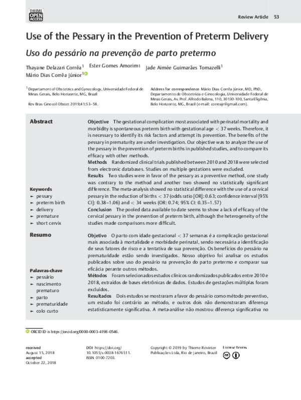 (PDF) Use of the Pessary in the Prevention of Preterm Delivery