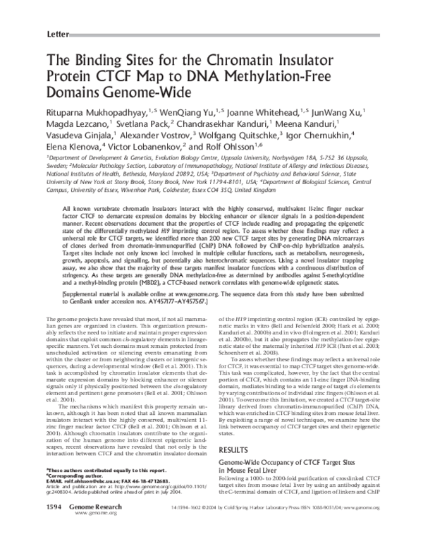 (PDF) The Binding Sites for the Chromatin Insulator Protein CTCF Map to ...