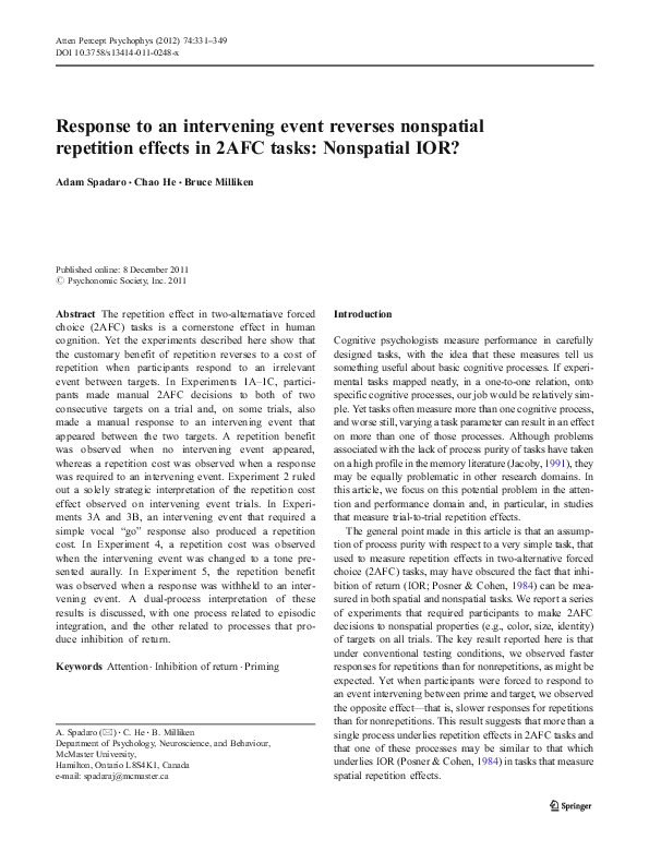 (PDF) Response to an intervening event reverses nonspatial repetition ...