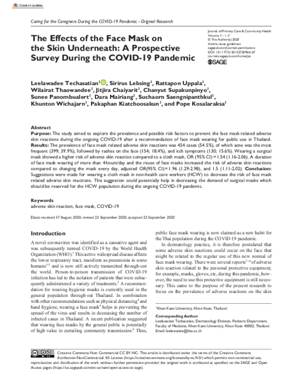 (PDF) The Effects of the Face Mask on the Skin Underneath: A ...