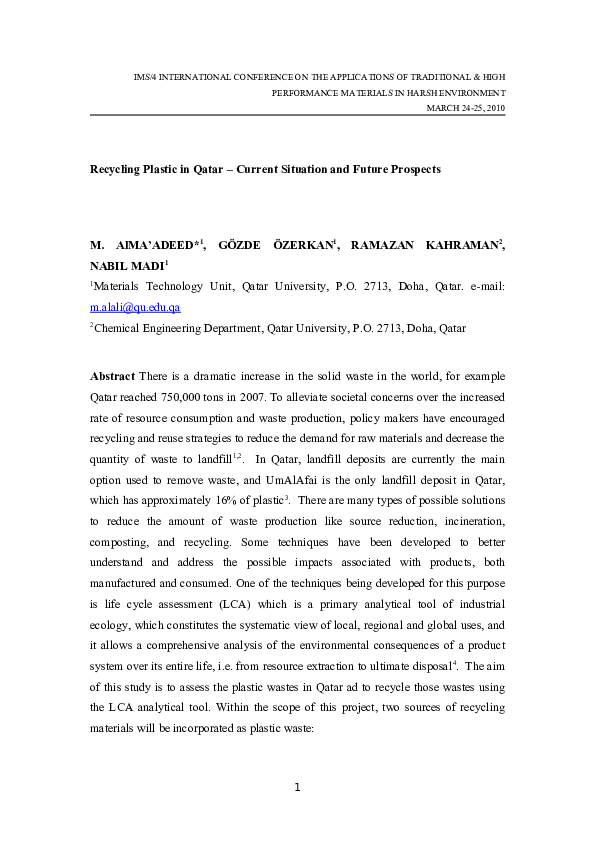 (DOC) Recycling Plastic in Qatar Gözde Özerkan Academia.edu