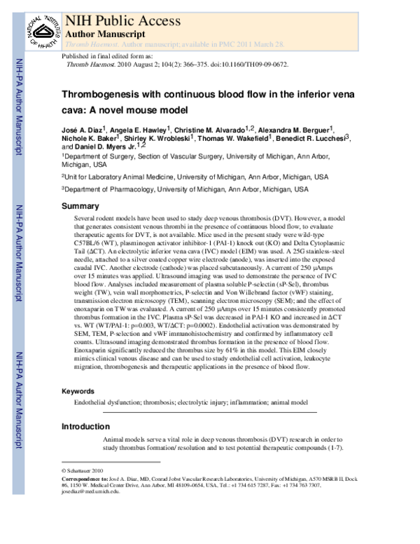 (PDF) Thrombogenesis with continuous blood flow in the inferior vena