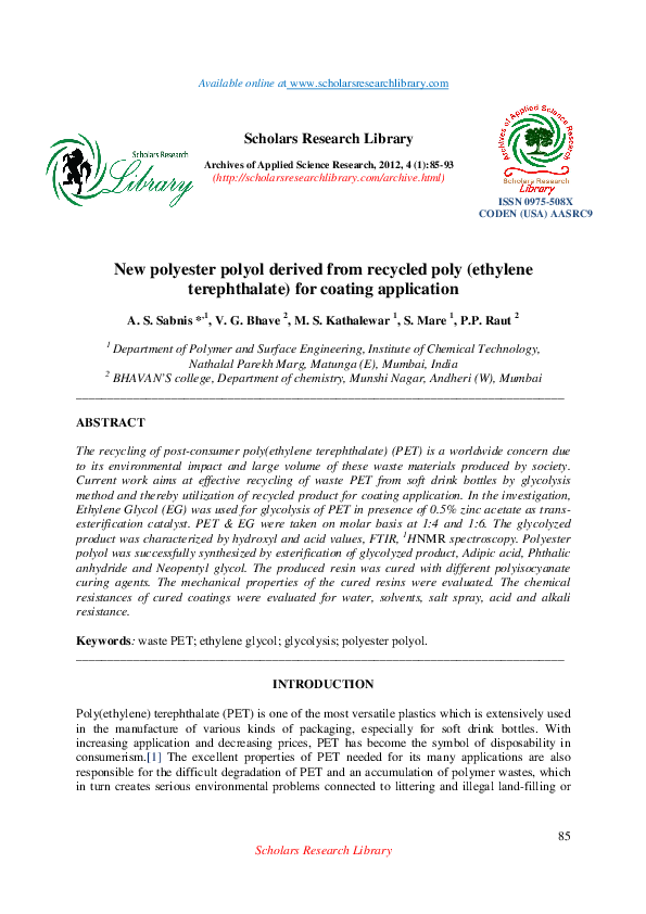 (PDF) New polyester polyol derived from recycled poly (ethylene ...