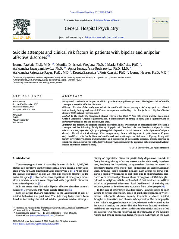(PDF) Suicide attempts and clinical risk factors in patients with ...