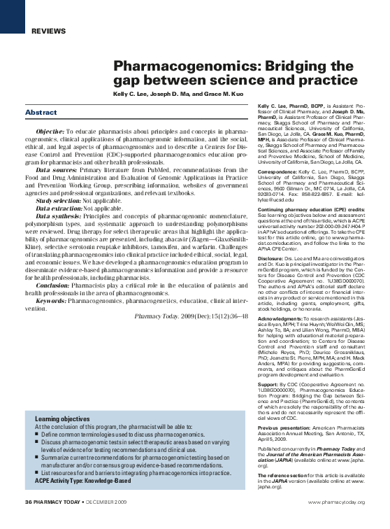 (PDF) Pharmacogenomics: Bridging the gap between science and practice