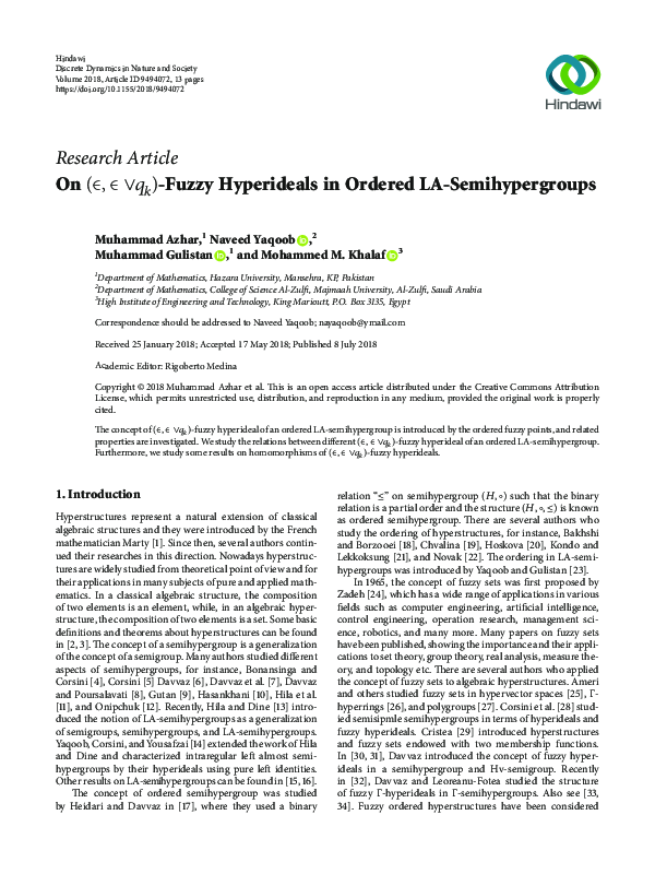 (PDF) On (∈,∈∨qk)-Fuzzy Hyperideals in Ordered LA-Semihypergroups