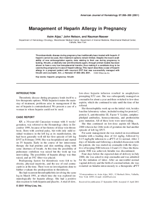 (PDF) Management of heparin allergy in pregnancy Aijaz Aijaz