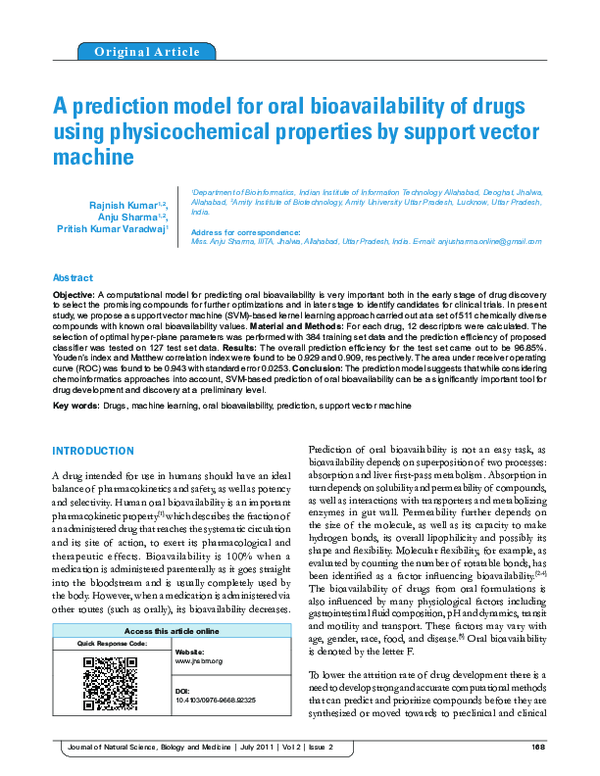 (PDF) A prediction model for oral bioavailability of drugs using ...