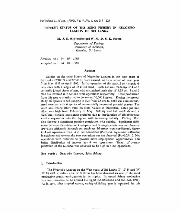 (PDF) Present Status of the Seine Fishery in Negombo Lagoon of Sri Lanka