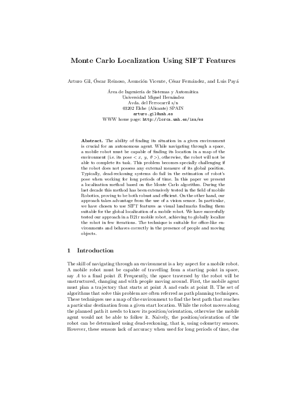 (PDF) Monte Carlo Localization Using SIFT Features