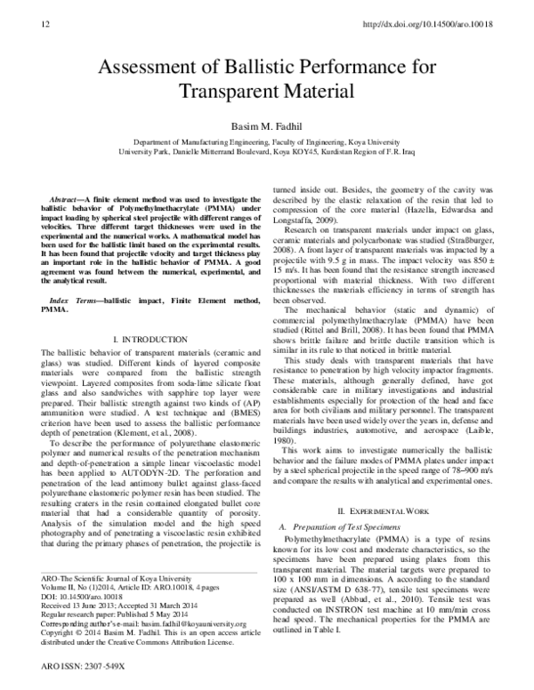 (PDF) Assessment of Ballistic Performance for Transparent Material