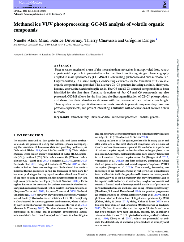 (PDF) Methanol ice VUV photoprocessing: GC-MS analysis of volatile ...