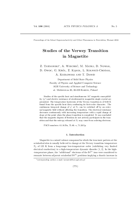(PDF) Studies of the Verwey Transition in Magnetite