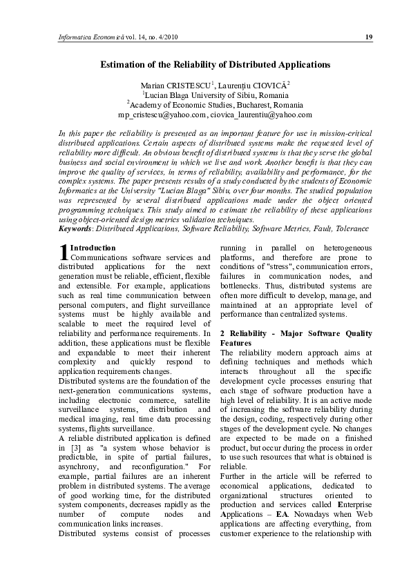(PDF) Estimation of the Reliability of Distributed Applications