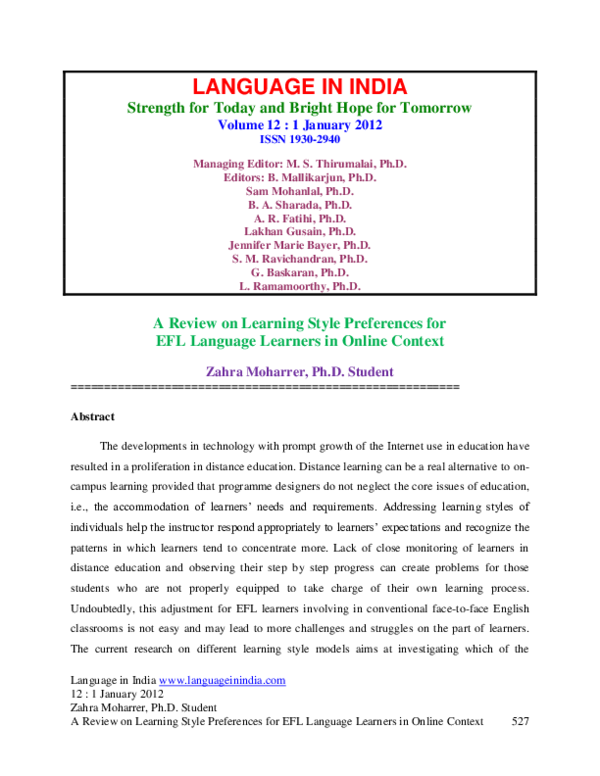 (PDF) A Review on Learning Style Preferences for EFL Language Learners ...