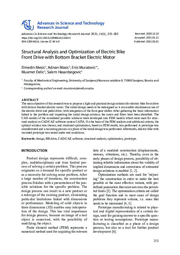 (PDF) Structural Analysis and Optimization of Electric Bike Front Drive with Bottom Bracket