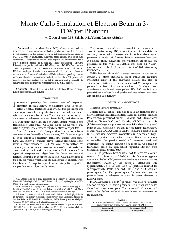 (PDF) Monte Carlo Simulation of Electron Beam in 3- D Water Phantom