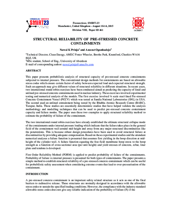 (PDF) Structural reliability of pre-stressed concrete containments