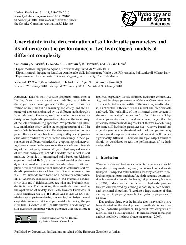 (PDF) Uncertainty in the determination of soil hydraulic parameters and ...