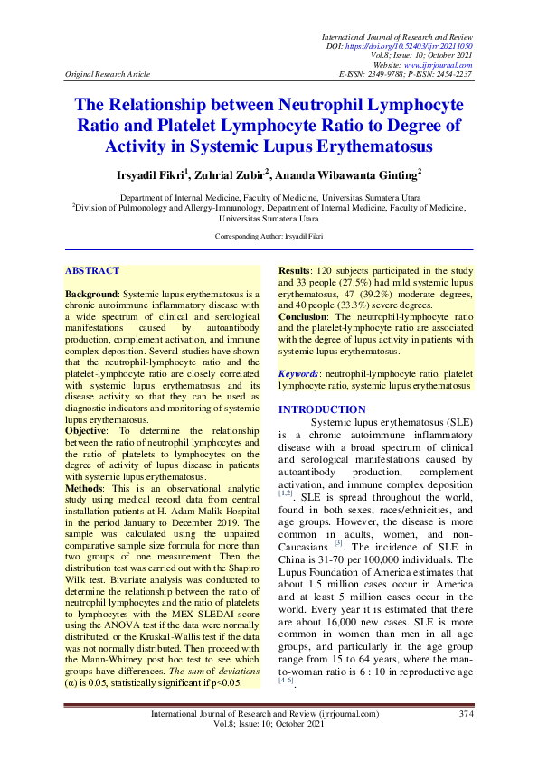 (PDF) The Relationship between Neutrophil Lymphocyte Ratio and Platelet ...