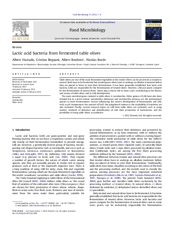 (PDF) Lactic acid bacteria from fermented table olives nicolas rozès