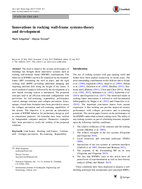 (PDF) Innovations in rocking wall-frame systems-theory and development