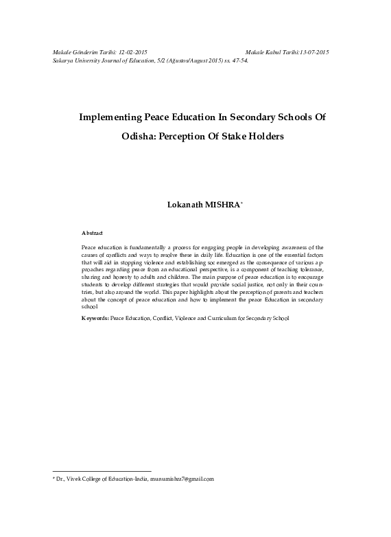 (PDF) Implementing Peace Education In Secondary Schools Of Odisha ...