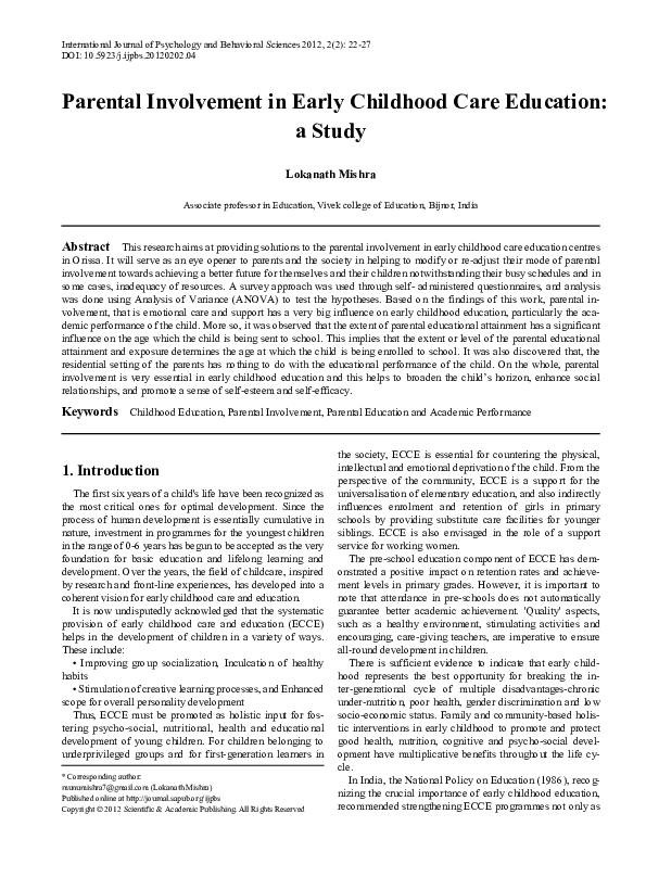 (PDF) Parental Involvement in Early Childhood Care Education: a Study