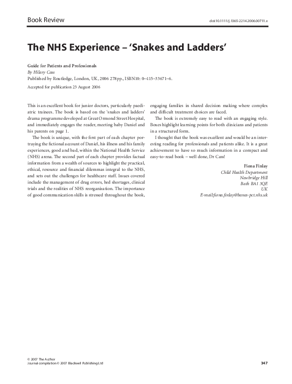 (PDF) The NHS Experience ? ?Snakes and Ladders? Fiona Finlay