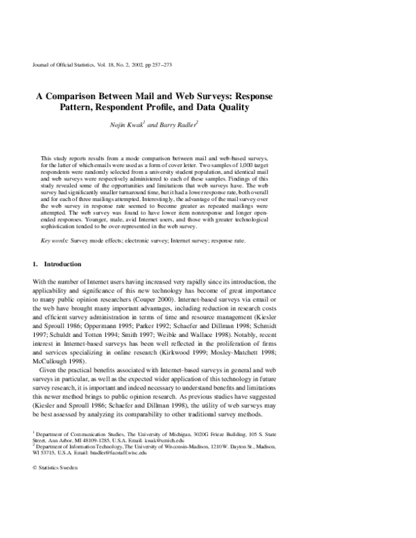 (PDF) A comparison between mail and web surveys: Response pattern ...