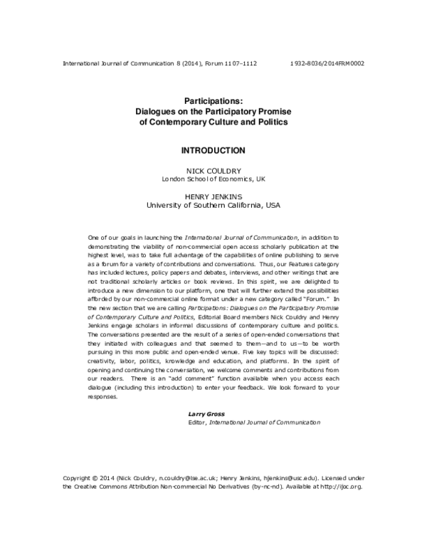 (PDF) Participations: Dialogues on the Participatory Promise of ...