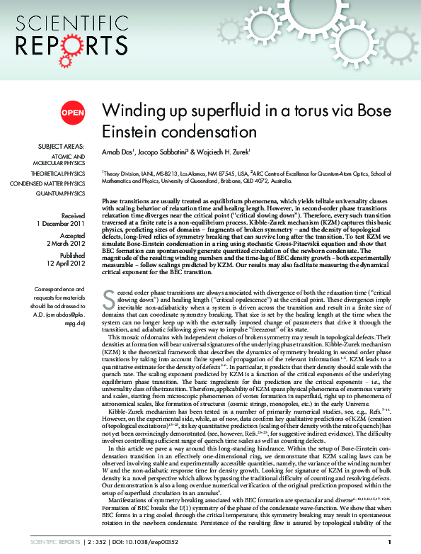 (PDF) Winding up superfluid in a torus via Bose Einstein condensation